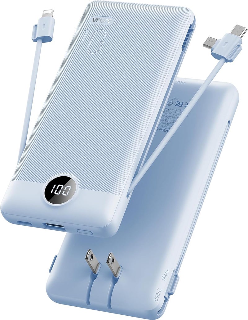 VRURC Portable Charger Built-in Cables and AC Wall Plug, USB C Power Bank 10000mAh, Travel Essentials Phone Charger Compact Lightweight External Battery Pack for Smart Phones, Tablets etc-Blue - Image 1
